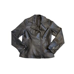 Love Token Moto Biker Faux Leather Jacket Black Womens Size Large Off Center Zip